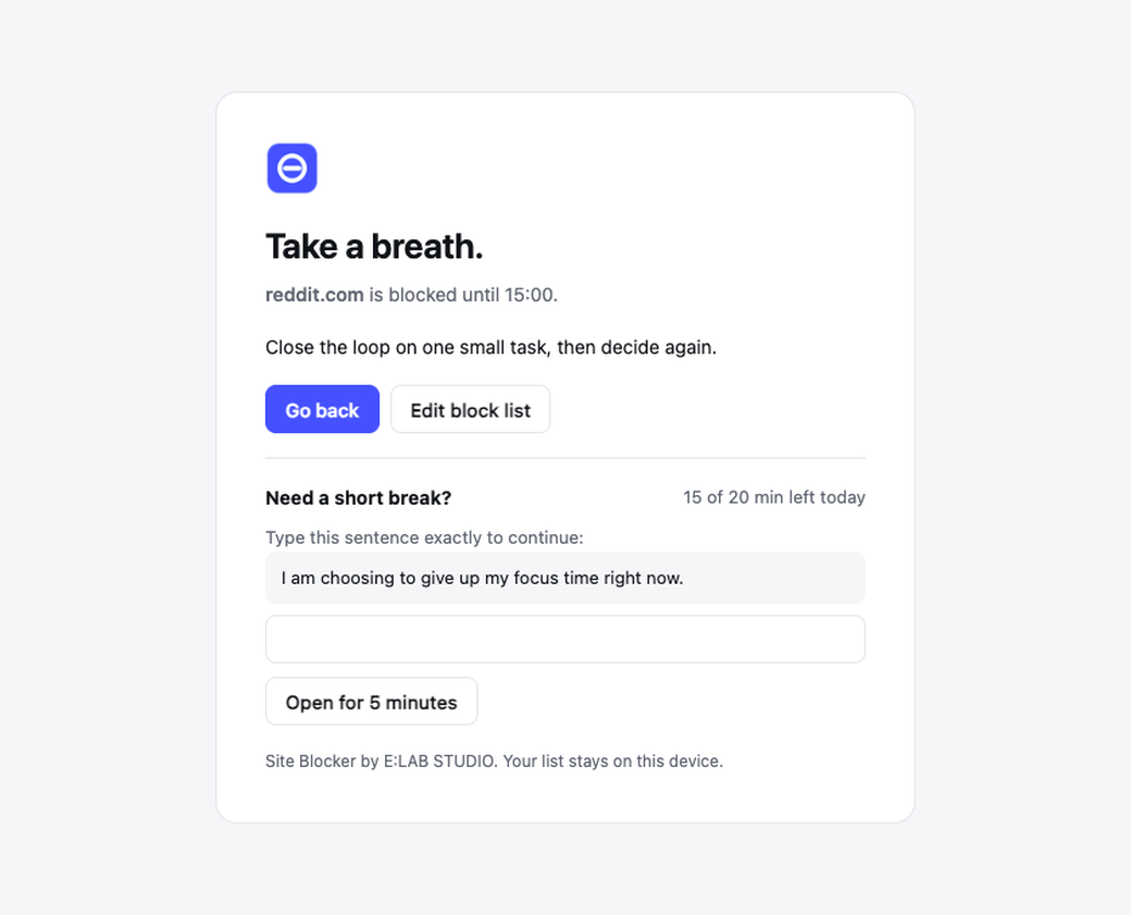 The Site Blocker block page: Take a breath. reddit.com is blocked until 12:30.